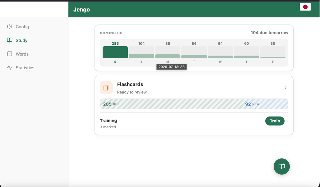 Jengo running in a web browser — the study home with a review forecast and flashcards ready to review